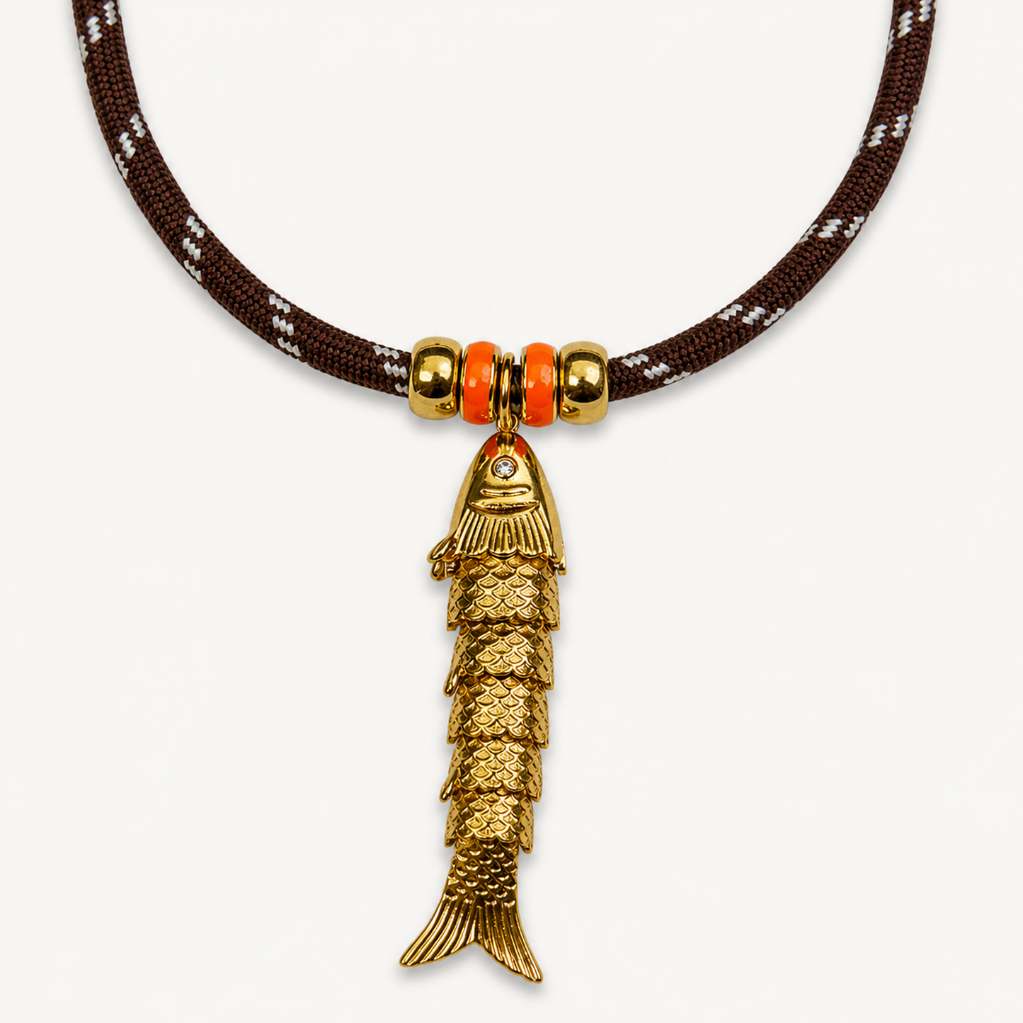 BROWN CORD GOLD FISH PENDANT NECKLACE product image