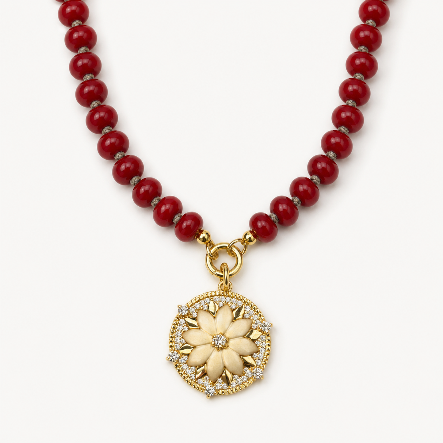 RED BEAD FLOWER MEDALLION NECKLACE product image