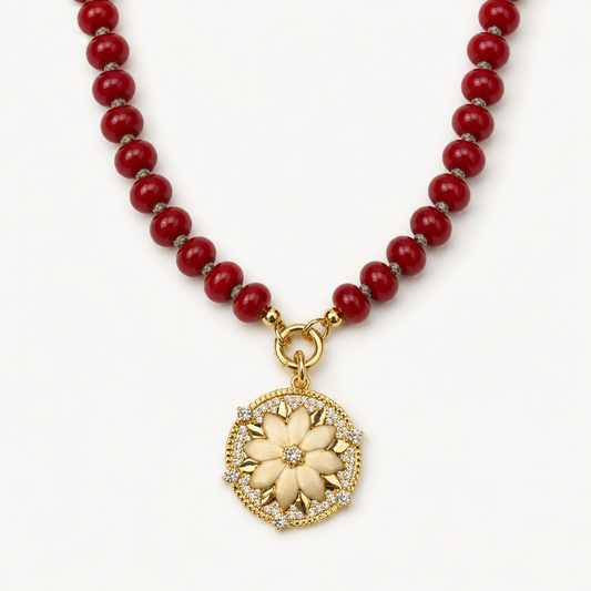 RED BEAD FLOWER MEDALLION NECKLACE product image
