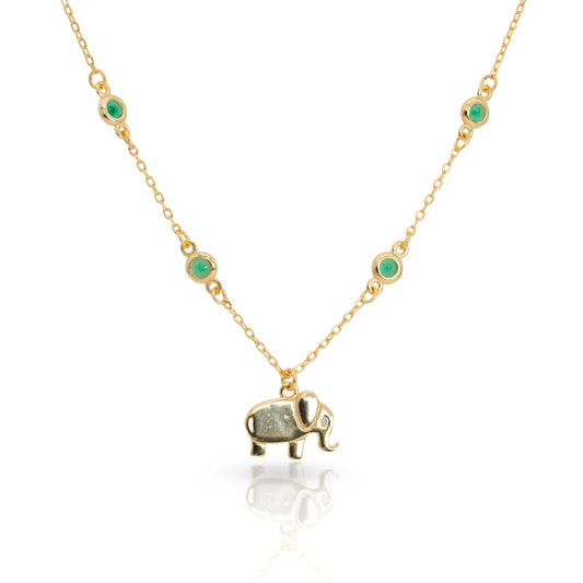 GOLD CHAIN NECKLACE WITH GREEN BEADS AND ELEPHANT CHARM