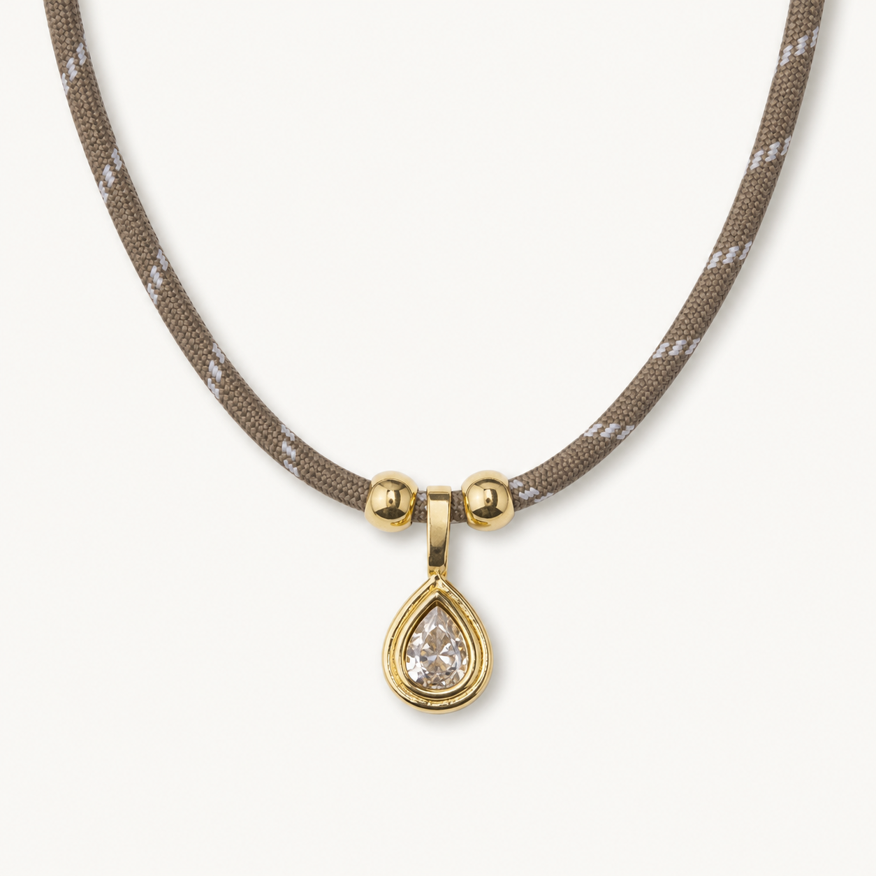 Taupe cord crystal teardrop necklace