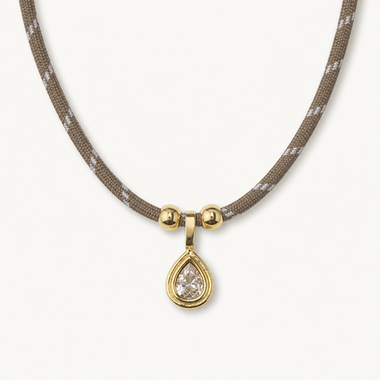 Taupe cord crystal teardrop necklace