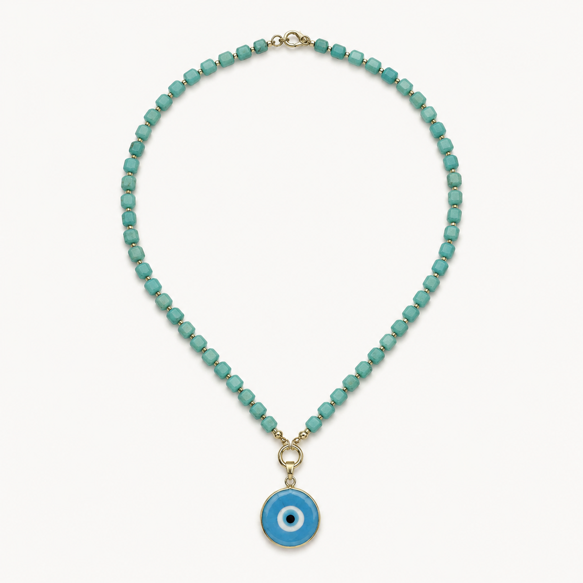 TEAL CRYSTAL BEAD NECKLACE WITH EVIL EYE PENDANT*