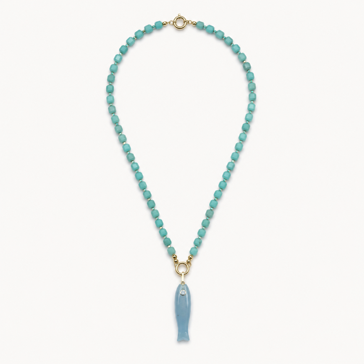 TEAL CRYSTAL BEAD NECKLACE WITH FISH PENDANT*