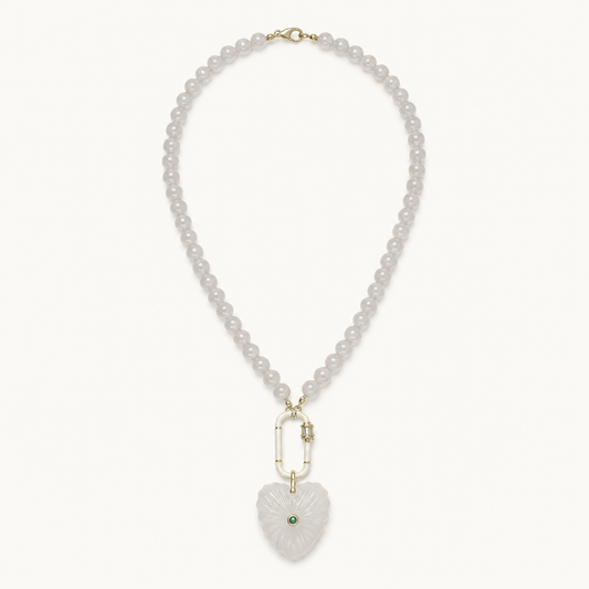 WHITE JADE RONDELLE BEAD NECKLACE WITH CARVED HEART PENDANT*