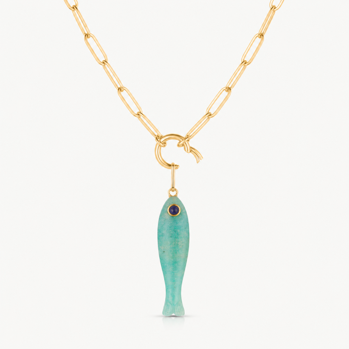 amazonite fish charm shown on a gold paperclip charm necklace