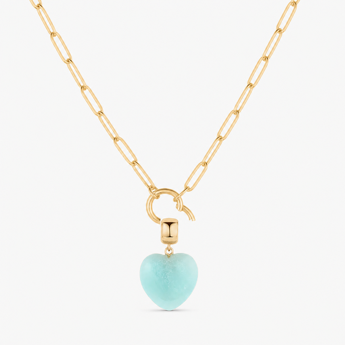 amazonite small smooth heart charm shown on a gold paperclip charm necklace
