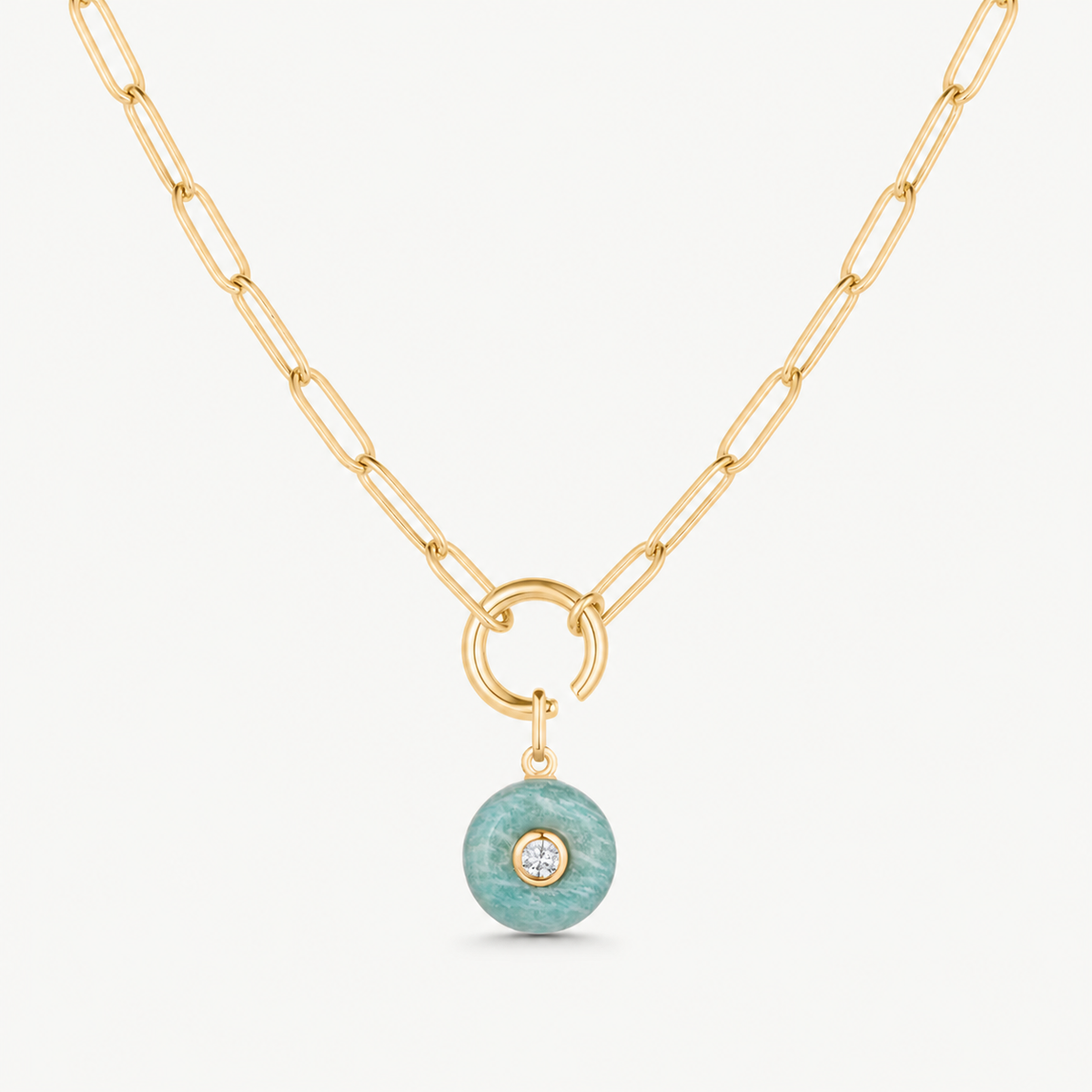 amazonite smooth round charm shown on a gold paperclip charm necklace
