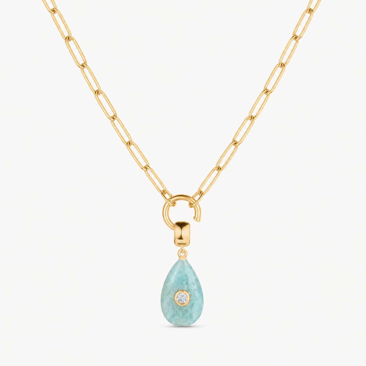amozonite smooth teardrop charm shown on a gold paperclip charm necklace