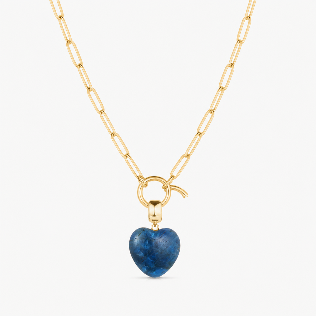 apatite small smooth heart charm shown on a gold paperclip charm necklace