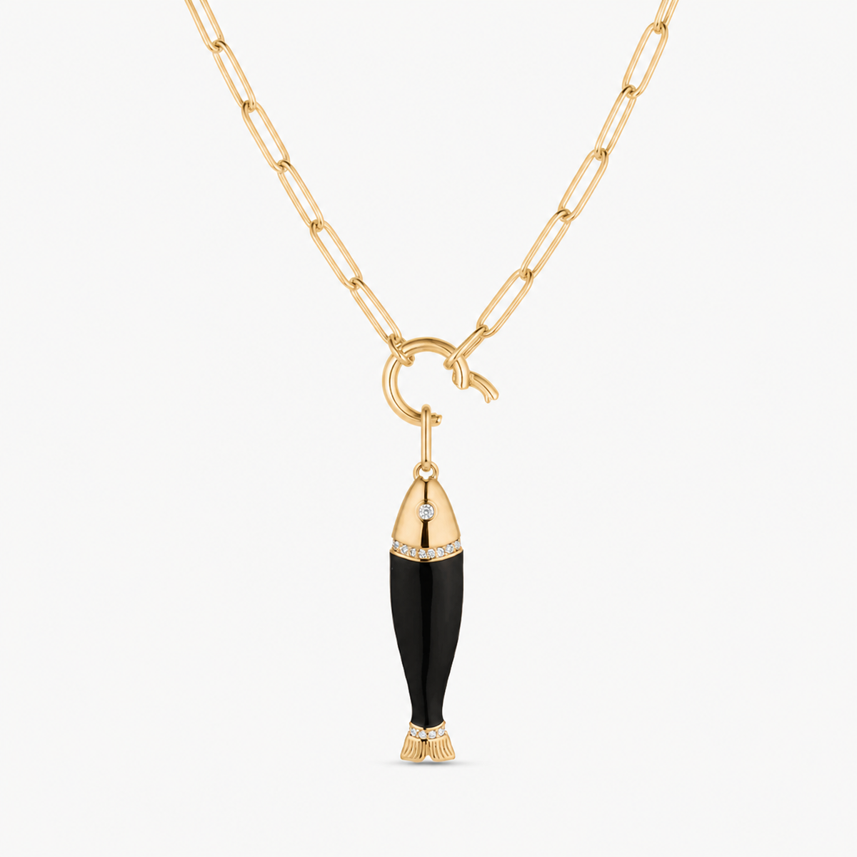 black enamel & cubic zirconia fish charm shown on a gold paperclip charm necklace