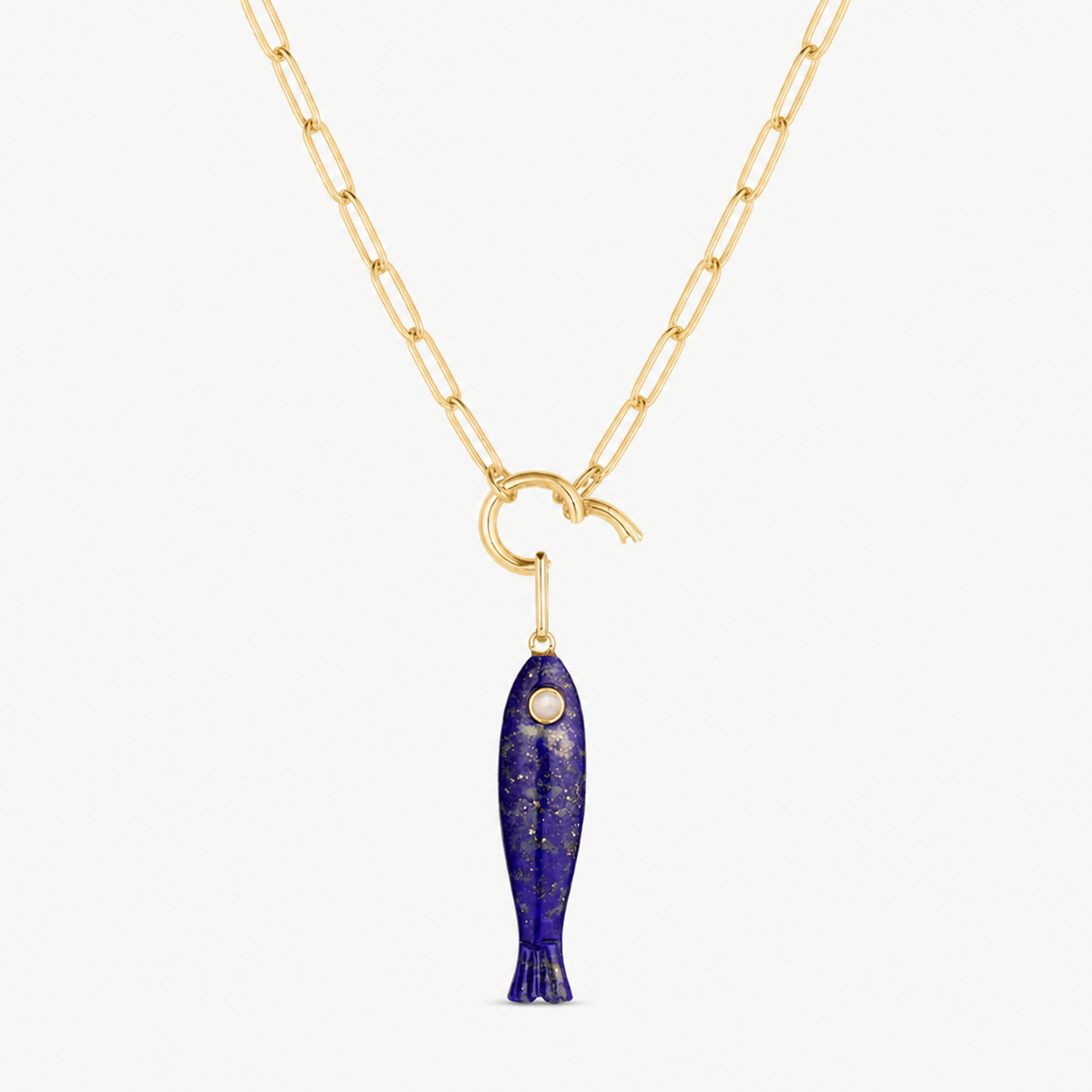 blue lapis fish charm shown on a gold paperclip charm necklace