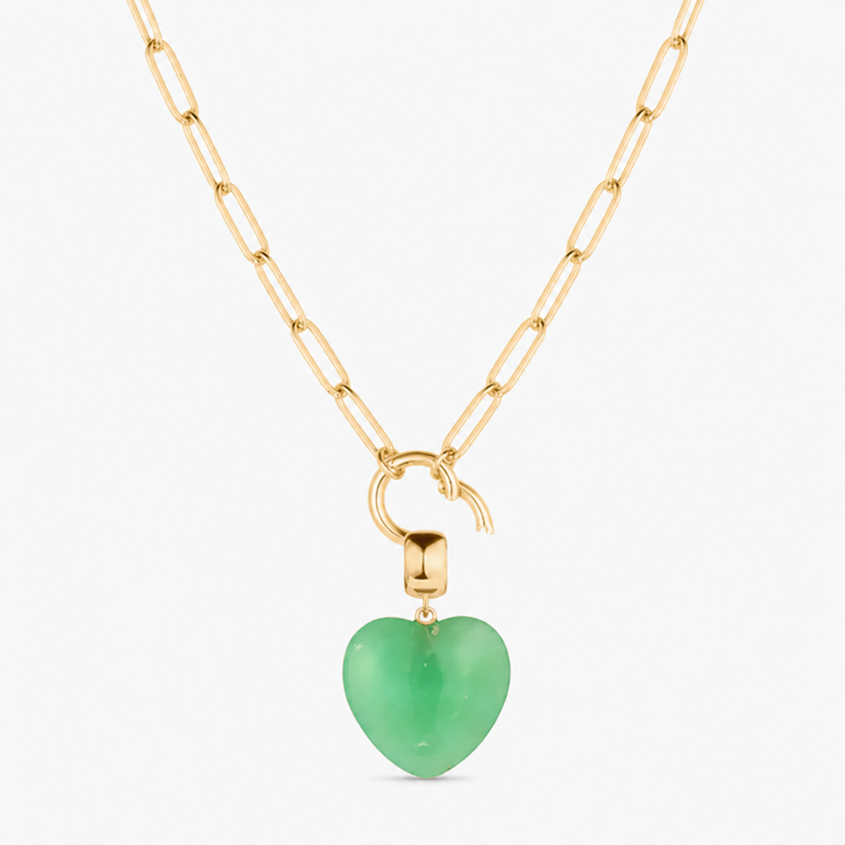 chrysoprase small smooth heart charm shown on a gold paperclip charm necklace