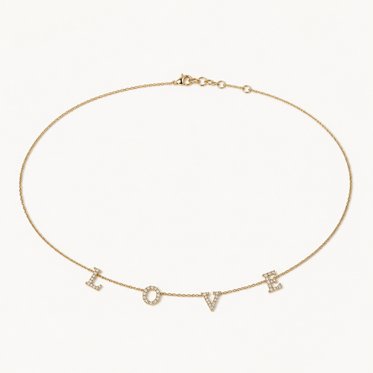 14K diamond LOVE letter necklace arranged in an oval