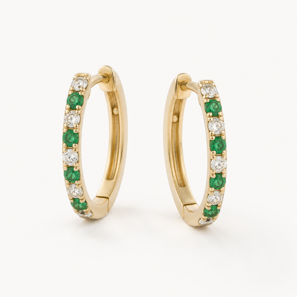 14k emerald & diamond oval hoop earrings