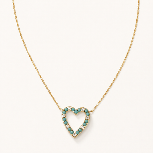 14k turquoise & diamond open heart necklace