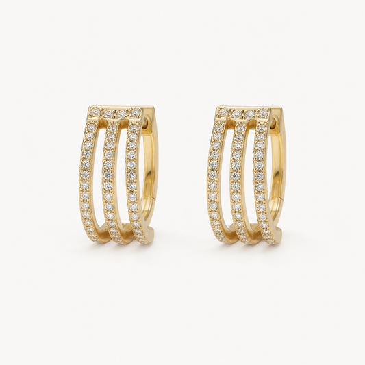 14k three-row diamond huggie earrings