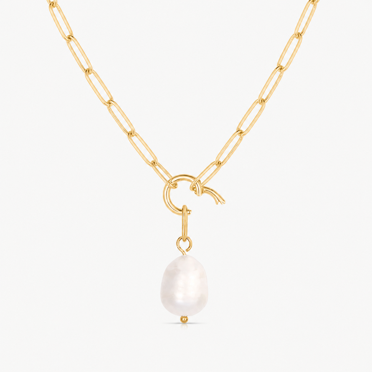freshwater pearl charm shown on a gold paperclip charm necklace