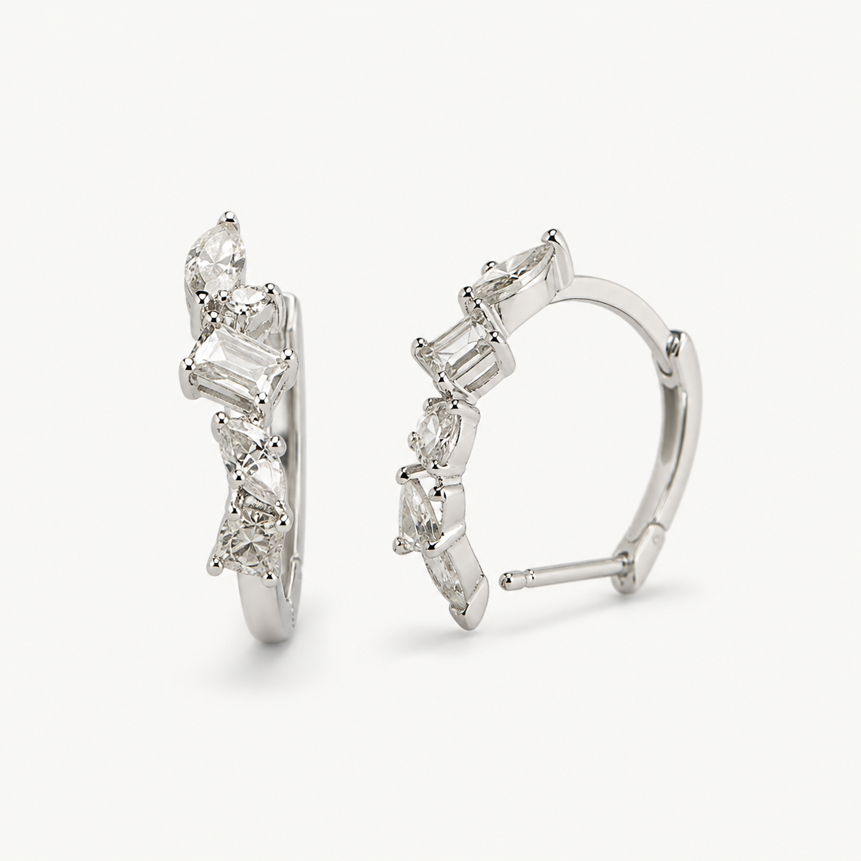 14k multi-shape diamond huggie earrings