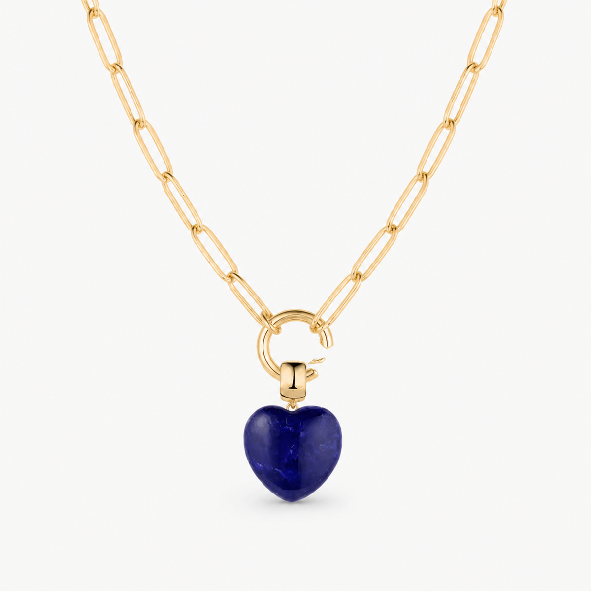 smooth heart charm shown on a gold paperclip charm necklace