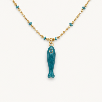 GOLD BALL CHAIN NECKLACE WITH TEAL BEAD STATIONS AND FISH CHARM