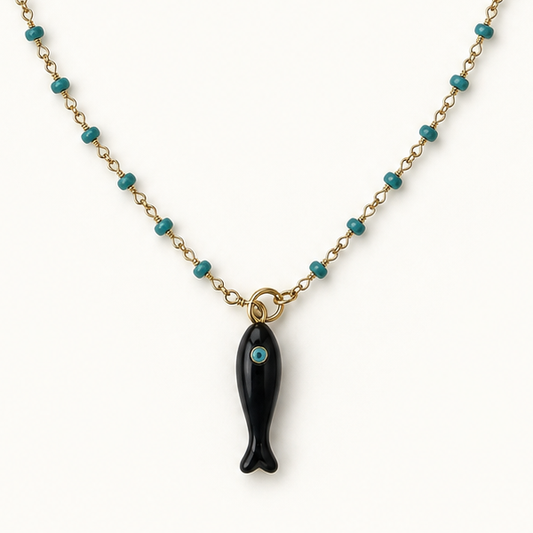 GOLD WIRE WRAP BEAD NECKLACE WITH BLACK FISH CHARM