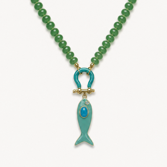 GREEN AVENTURINE RONDELLE BEAD NECKLACE WITH TURQUOISE FISH PENDANT