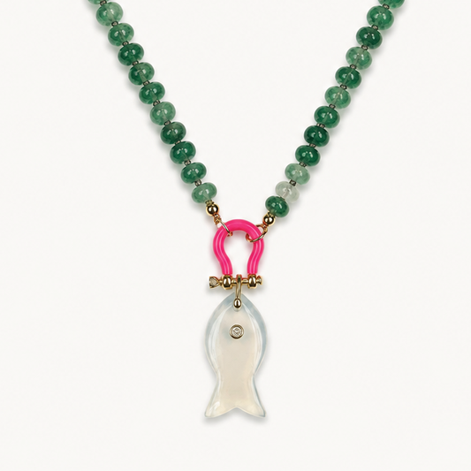 GREEN AVENTURINE RONDELLE BEAD NECKLACE WITH WHITE FISH PENDANT