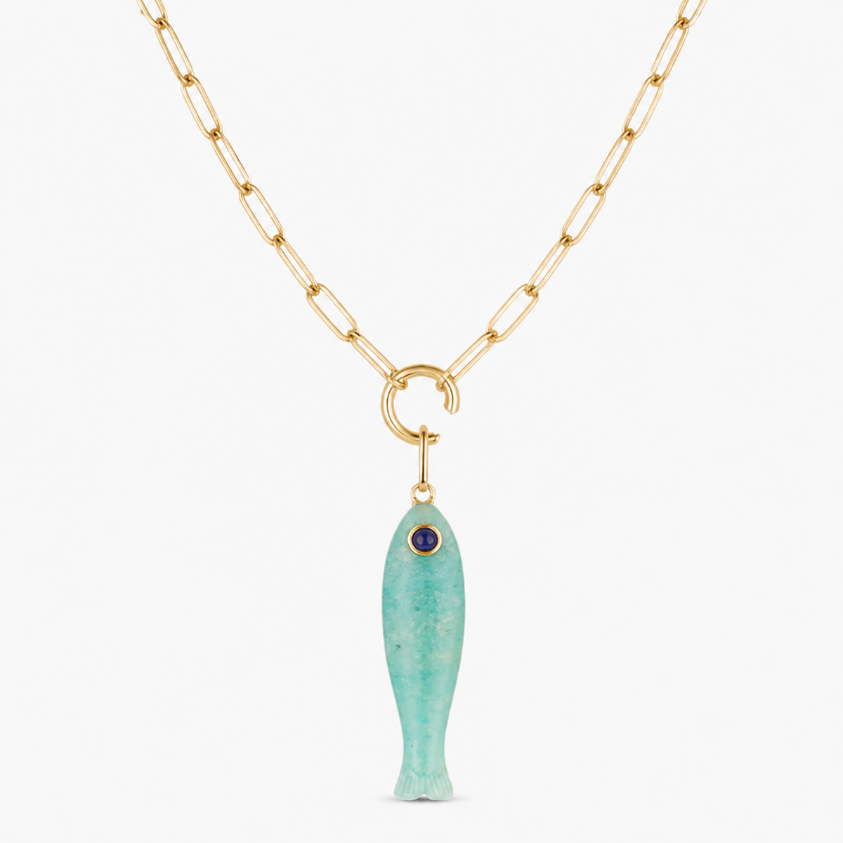 green jade fish charm shown on a gold paperclip charm necklace