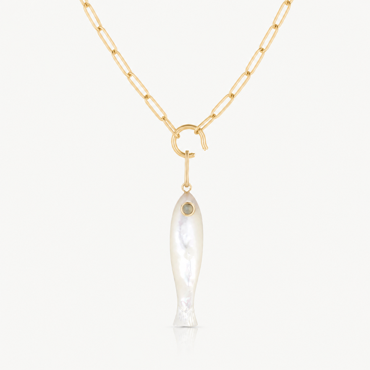 mother of pearl fish charm shown on a gold paperclip charm necklace