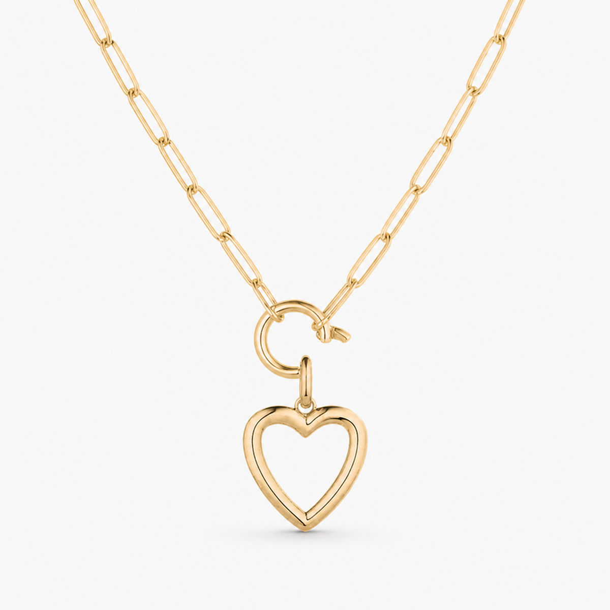 open heart charm shown on a gold paperclip charm necklace