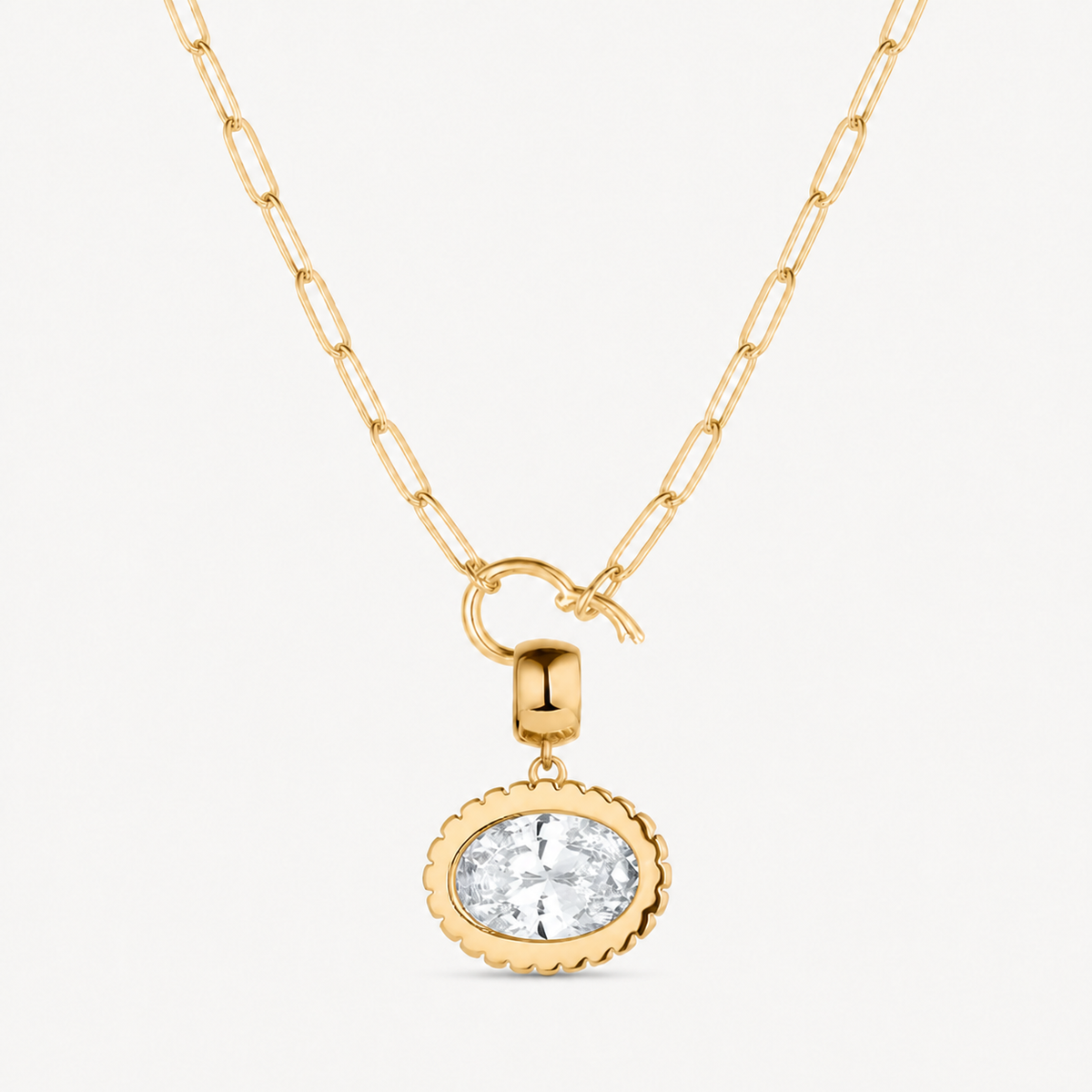 oval ridged cubic zirconia charm shown on a gold paperclip charm necklace