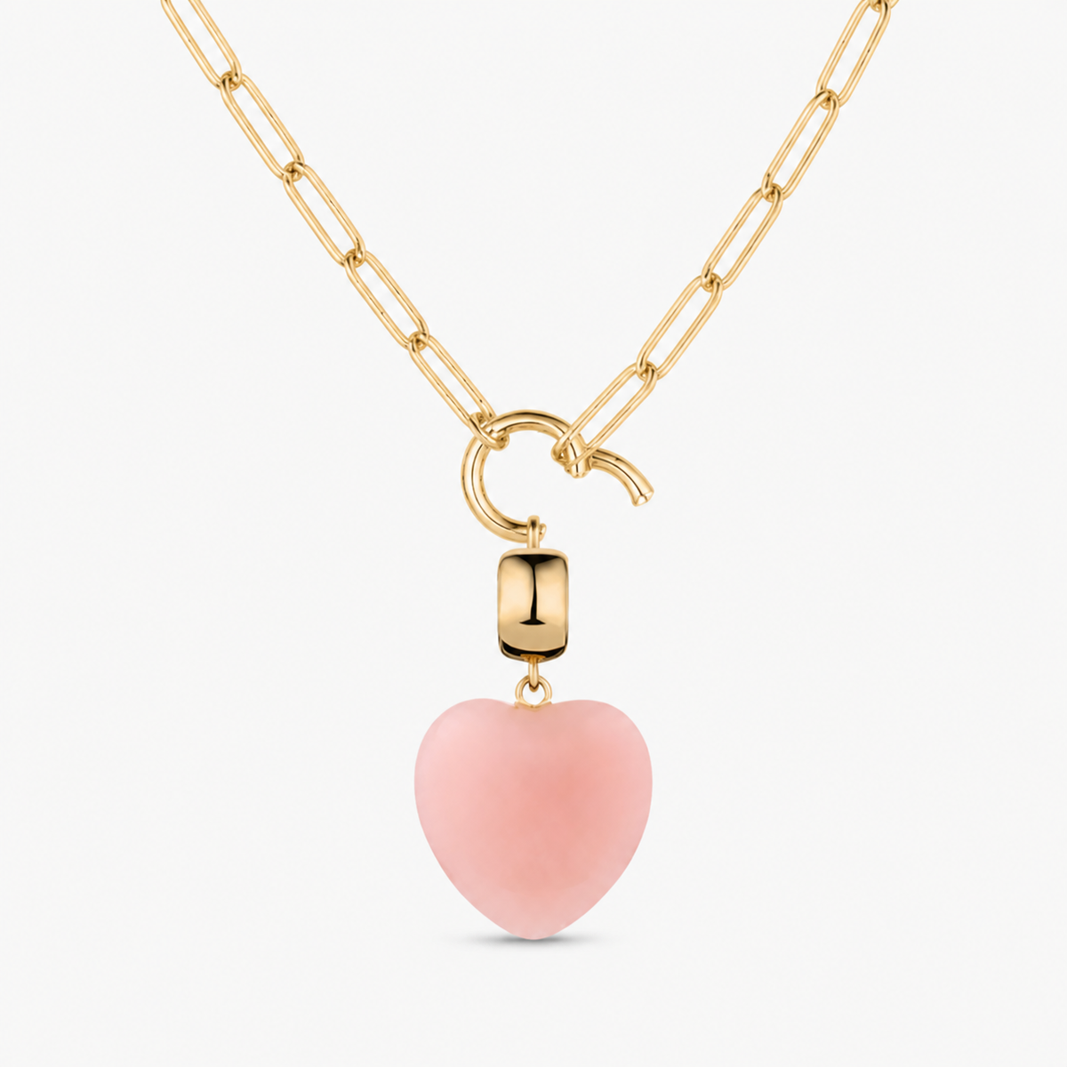 pink jade small smooth heart charm shown on a gold paperclip charm necklace