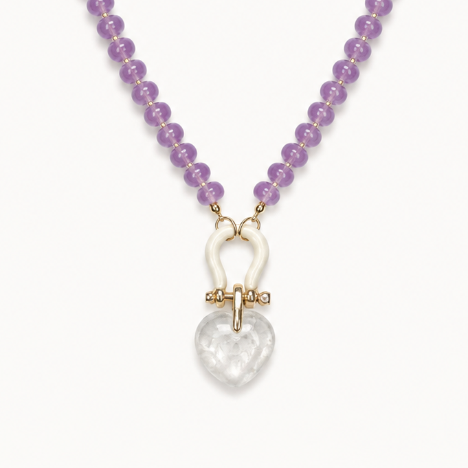 PURPLE JADE RONDELLE BEAD NECKLACE WITH HEART PENDANT