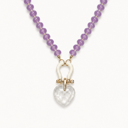 PURPLE JADE RONDELLE BEAD NECKLACE WITH HEART PENDANT