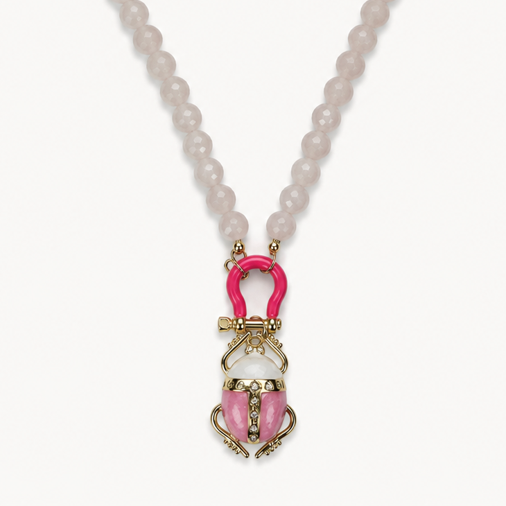 ROSE QUARTZ RONDELLE BEAD NECKLACE WITH PAVÉ PENDANT