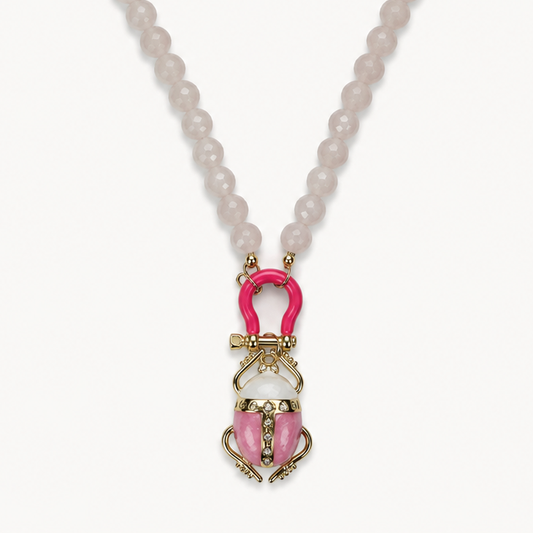 ROSE QUARTZ RONDELLE BEAD NECKLACE WITH PAVÉ PENDANT