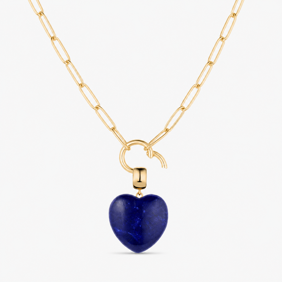 blue lapis  small smooth heart charm shown on a gold paperclip charm necklace