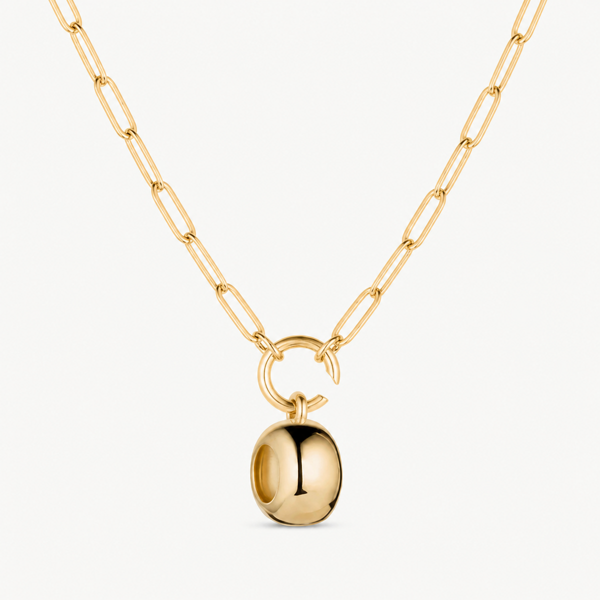smooth rondelle bead charm shown on a gold paperclip charm necklace