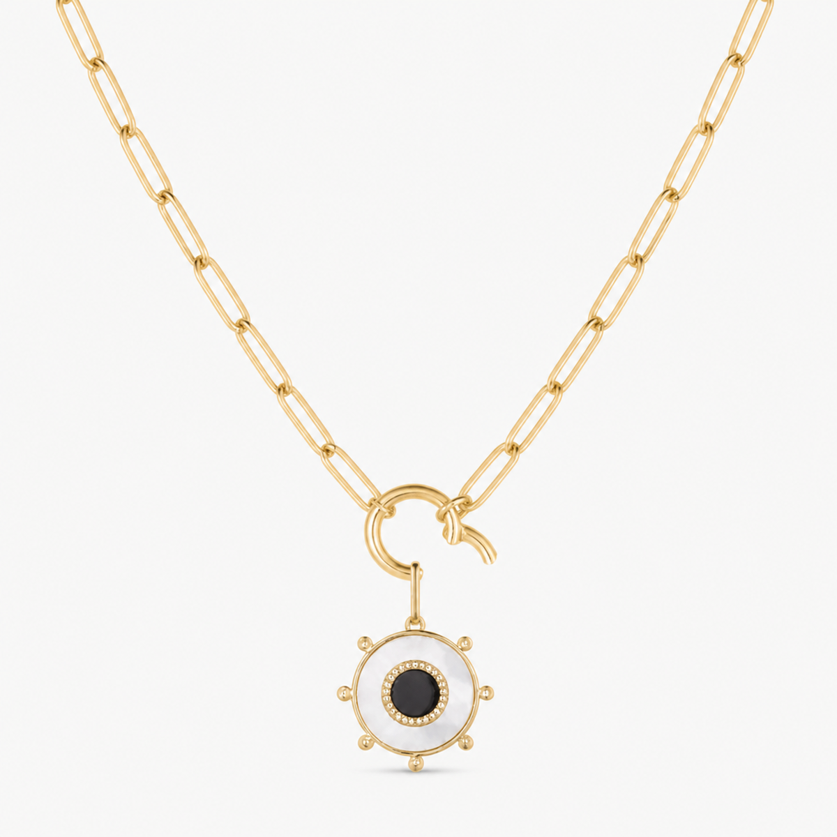 round two-stone charm shown on a gold paperclip charm necklace