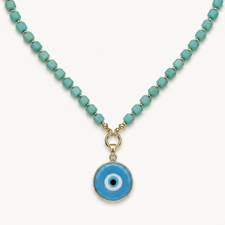 TEAL CRYSTAL BEAD NECKLACE WITH EVIL EYE PENDANT