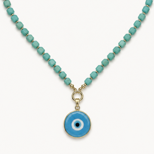 TEAL CRYSTAL BEAD NECKLACE WITH EVIL EYE PENDANT