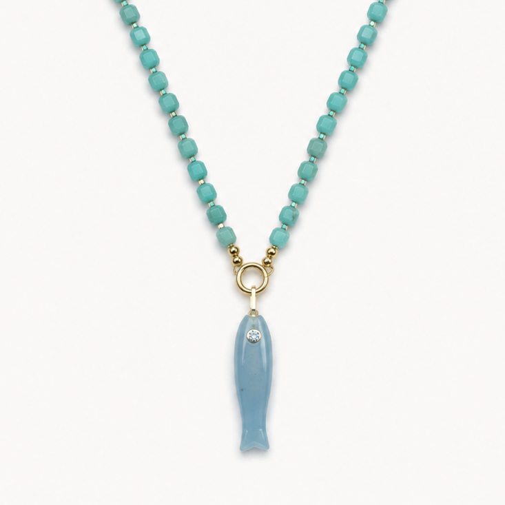 TEAL CRYSTAL BEAD NECKLACE WITH FISH PENDANT