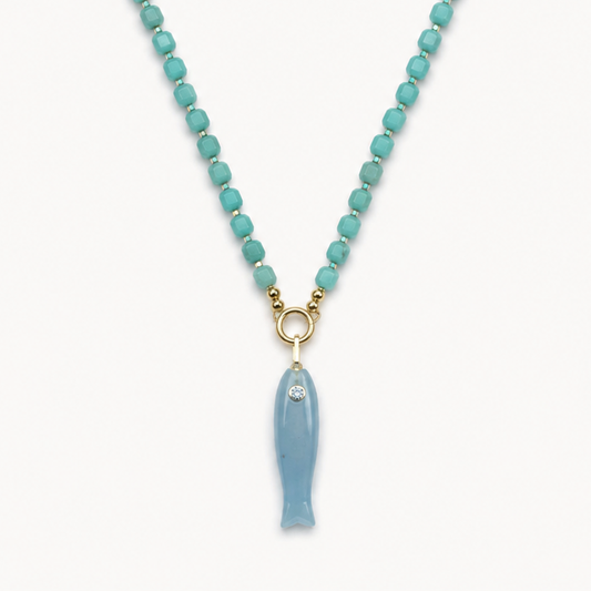 TEAL CRYSTAL BEAD NECKLACE WITH FISH PENDANT