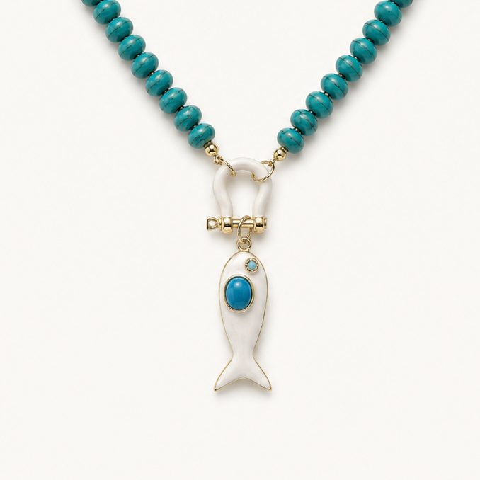 TURQUOISE BEAD NECKLACE WITH WHITE FISH PENDANT