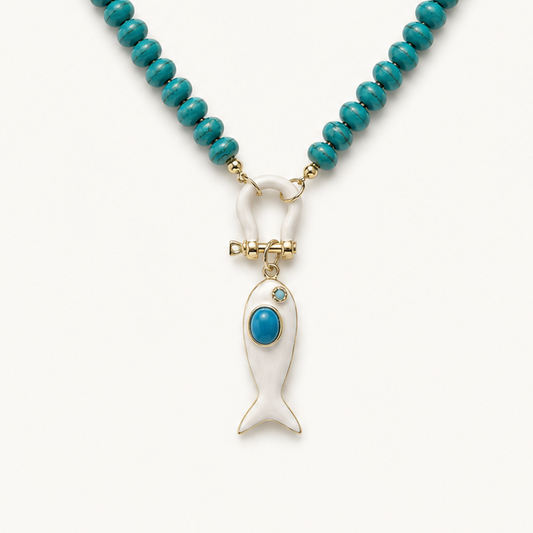 TURQUOISE BEAD NECKLACE WITH WHITE FISH PENDANT