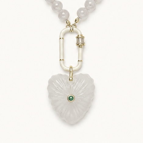 WHITE JADE RONDELLE BEAD NECKLACE WITH CARVED HEART PENDANT