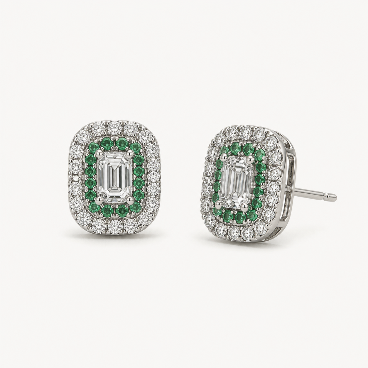 emerald & diamond double halo stud earrings