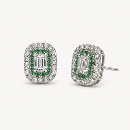 emerald & diamond double halo stud earrings